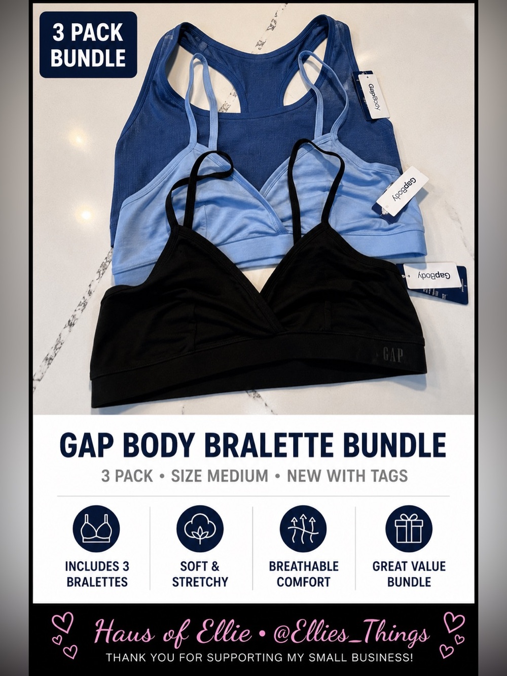 NWT GapBody Bralette Bundle 3 Pack Medium Black Blue Racerback